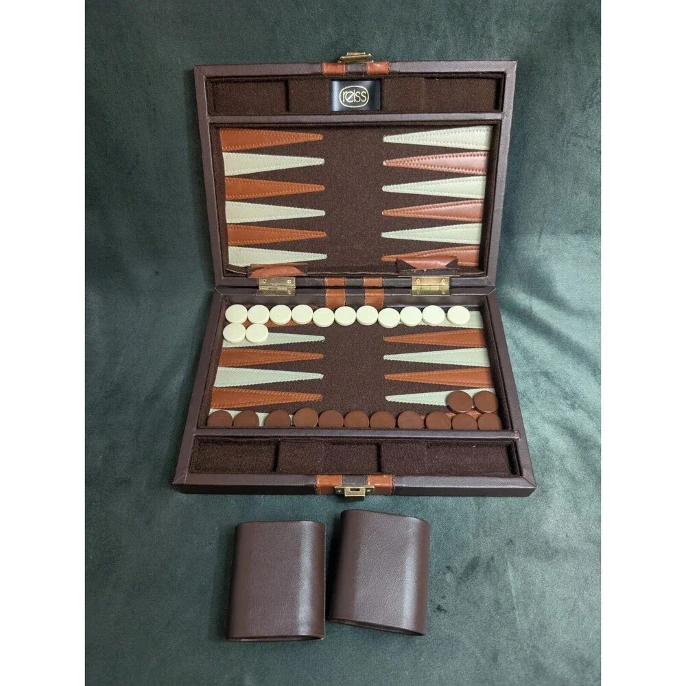 Vintage Backgammon Set By Reiss Briefcase Travel Case W/ Brown & White Pieces
